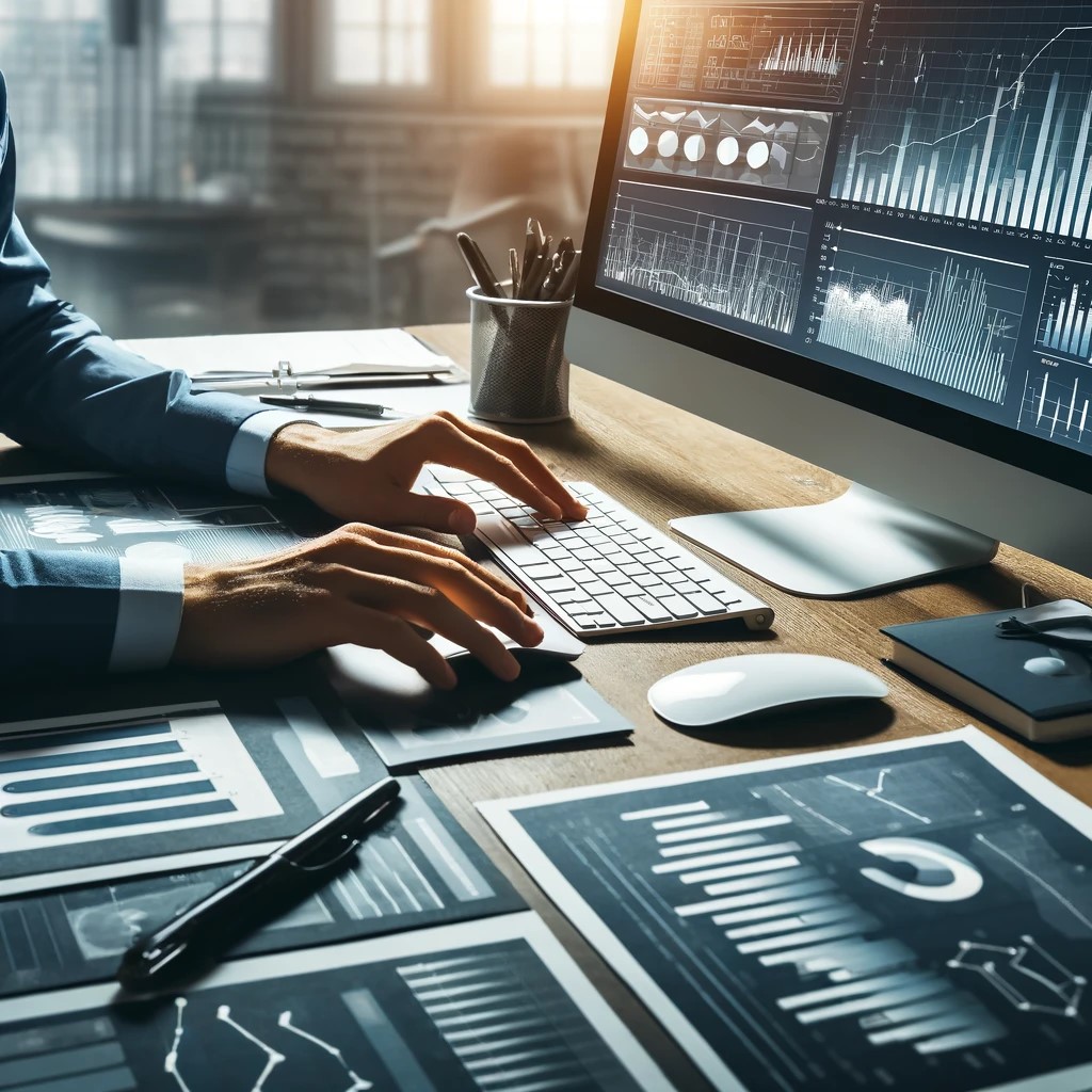 DALL·E 2024-05-17 18.15.09 - An image showing a financial analyst working with charts and graphs on a computer screen. The workspace is modern with additional financial reports an