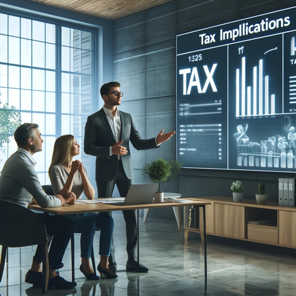 DALL·E 2024-05-17 18.55.45 - An image showing a financial advisor explaining tax implications of different investments to a couple in a modern office setting. The office has large