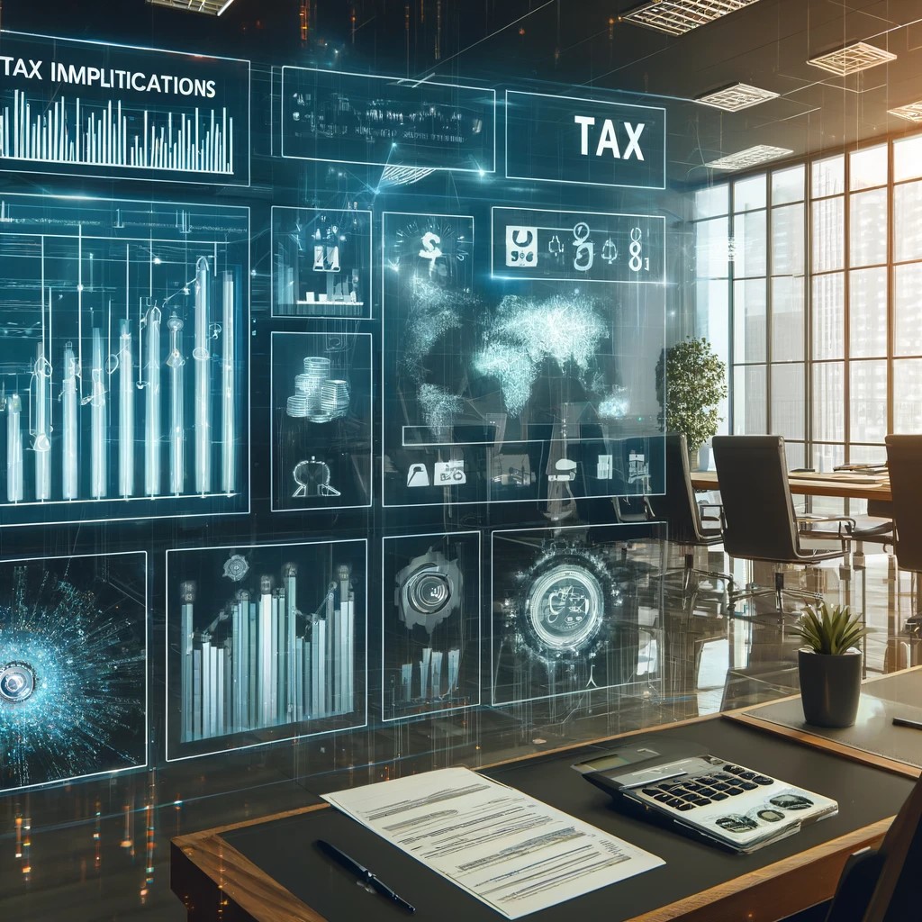 DALL·E 2024-05-17 18.55.49 - An image showing a digital screen with a detailed comparison of tax implications for different investments like stocks, real estate, and cryptocurrenc