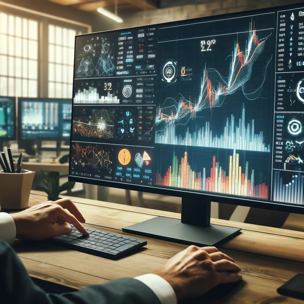 DALL·E 2024-05-17 18.30.37 - An image showing a stock trader using technical analysis on a computer screen. The screen displays various charts and indicators such as moving averag