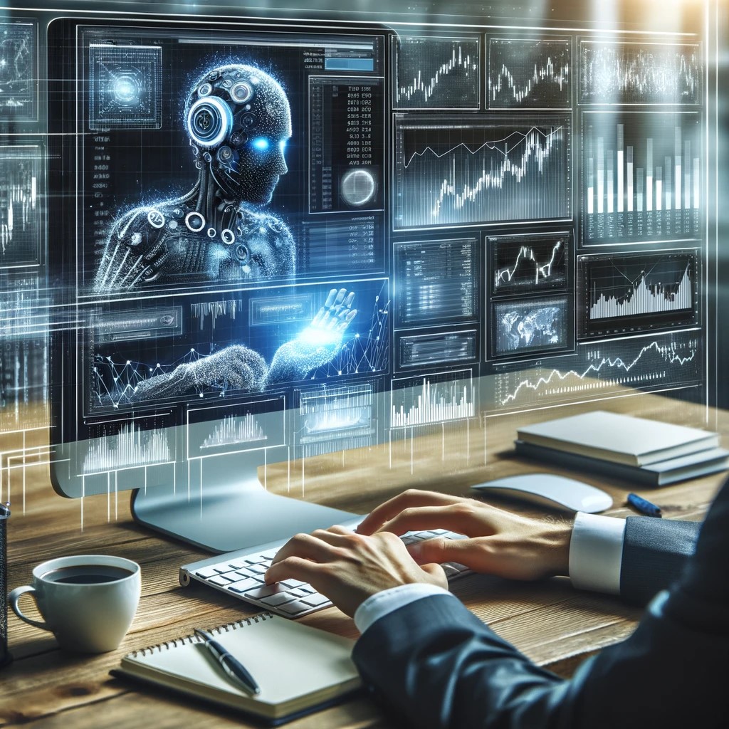 DALL·E 2024-05-17 18.30.38 - An image showing a financial analyst using artificial intelligence and machine learning tools for technical analysis. The computer screen displays com