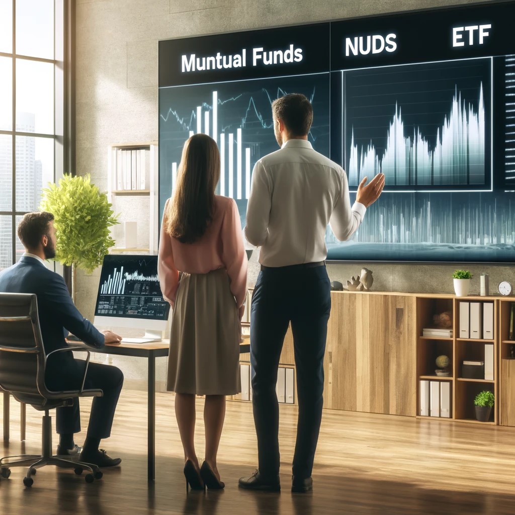 DALL·E 2024-05-17 18.25.07 - An image showing a financial advisor explaining the differences between mutual funds and ETFs to a couple in a modern office setting. The office has l