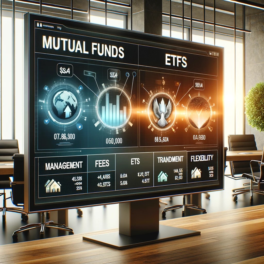 DALL·E 2024-05-17 18.25.08 - An image showing a side-by-side comparison of mutual funds and ETFs on a digital screen. The screen displays key features such as management style, fe