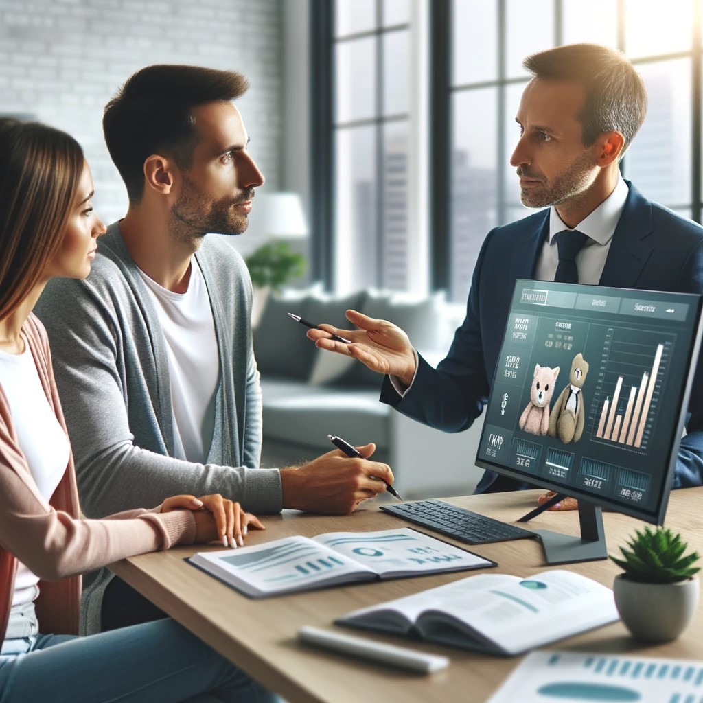 DALL·E 2024-05-17 19.04.59 - An image showing a financial advisor meeting with a couple in a modern office. The advisor is explaining a financial plan using charts and graphs on a