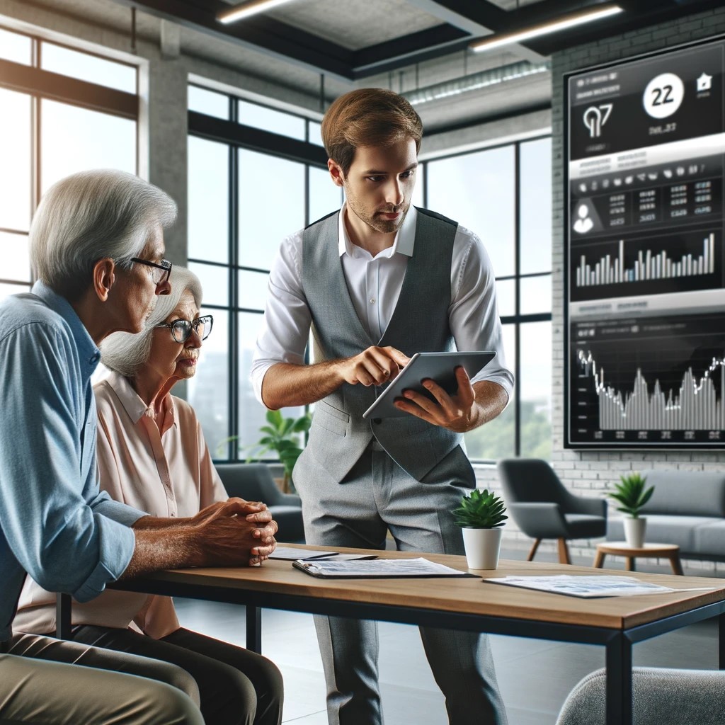 DALL·E 2024-05-17 19.05.00 - An image showing a financial advisor using a tablet to explain investment options to an elderly couple in a modern office. The office has large window