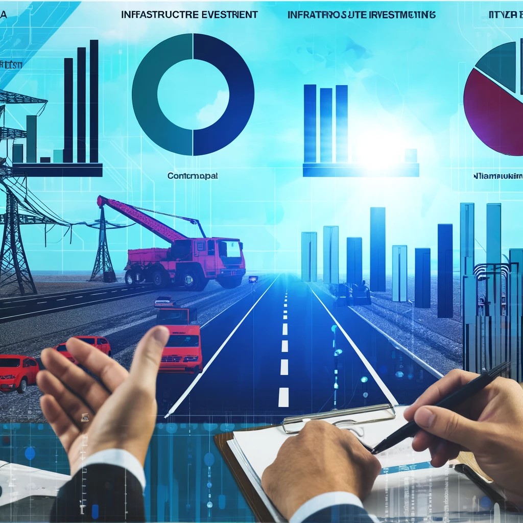 DALL·E 2024-05-30 00.13.34 - An illustration of investors analyzing infrastructure investment opportunities. The image includes graphs, charts, and financial data related to roads