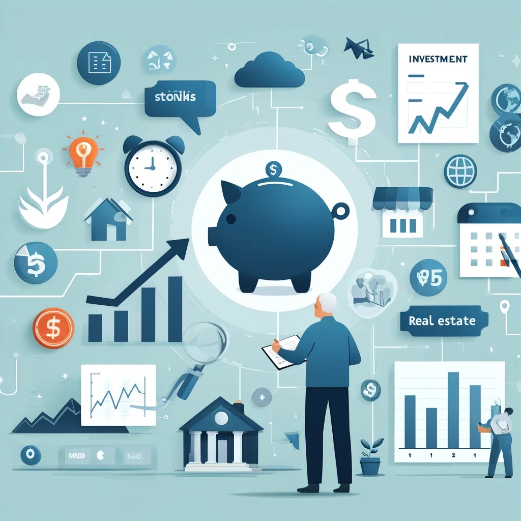 DALL·E 2024-05-29 23.37.25 - An illustration of a person planning for retirement with various investment options around them such as stocks, bonds, real estate, and savings accoun