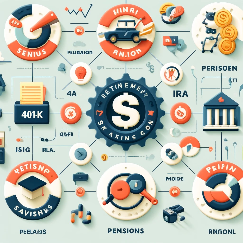 DALL·E 2024-05-29 23.37.26 - A visual representation of different retirement savings options, including 401(k), pensions, IRAs, and personal savings, depicted with icons and brief