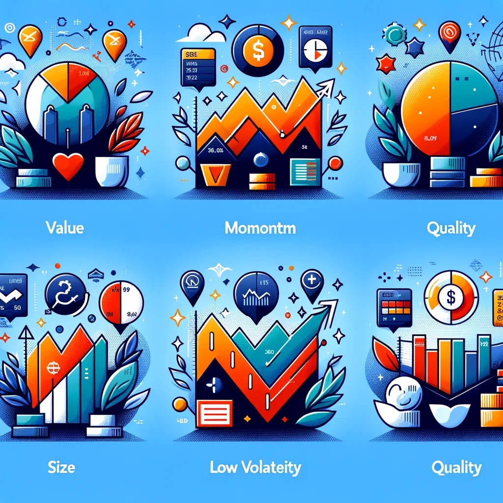 DALL·E 2024-05-30 00.01.56 - An illustration showing different Smart Beta investment strategies with icons representing value, momentum, quality, low volatility, and size. Each st