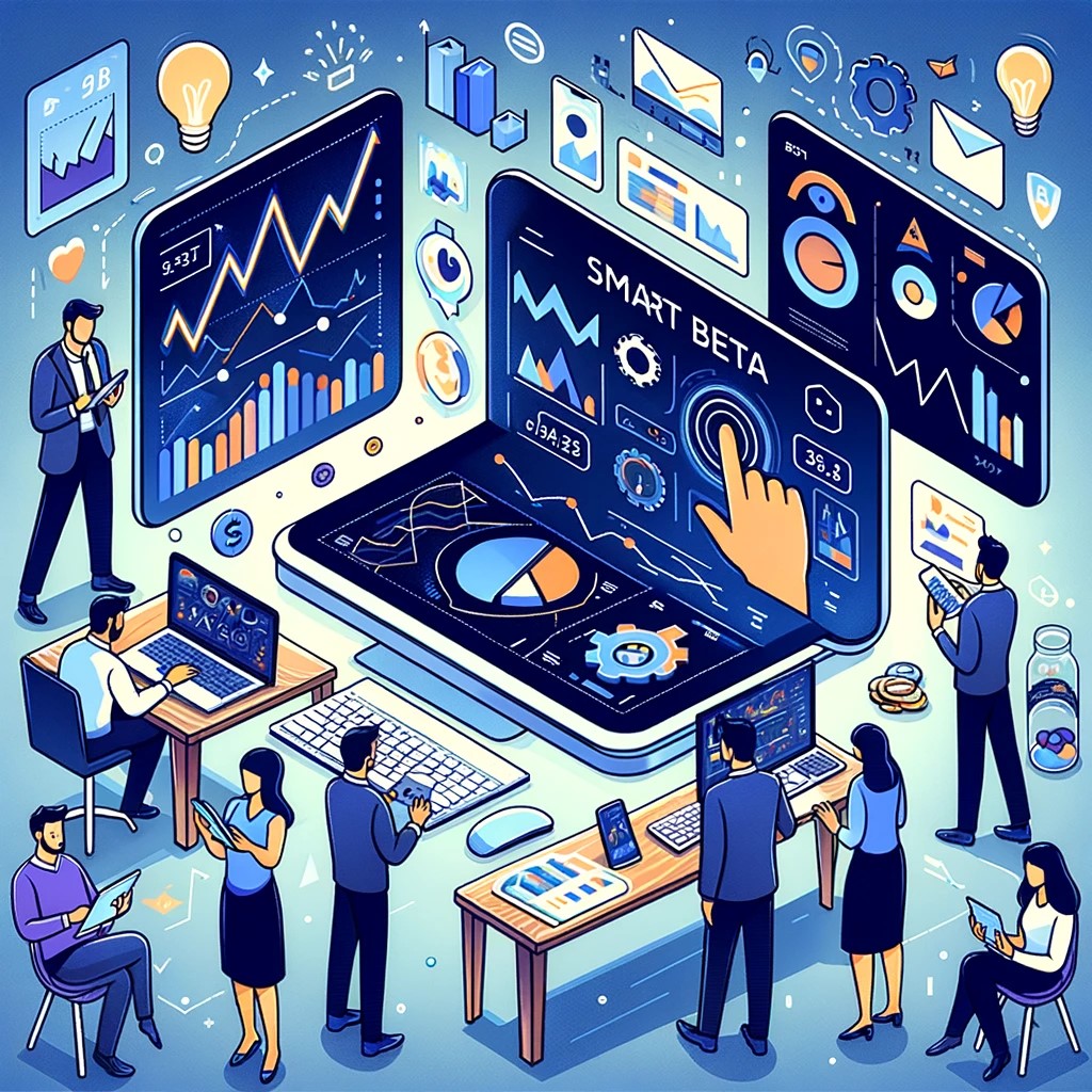 DALL·E 2024-05-30 00.01.58 - An illustration of investors using technology and data analysis for Smart Beta strategies. The image shows people analyzing charts and graphs on compu