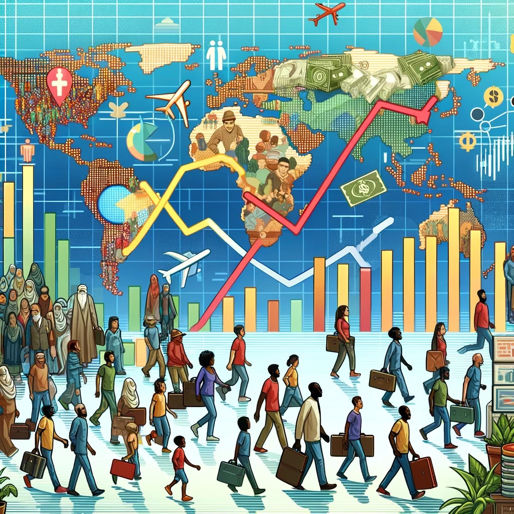 DALL·E 2024-05-30 00.10.19 - An illustration depicting migration trends with diverse groups of people, maps showing migration patterns, and financial charts illustrating the impac