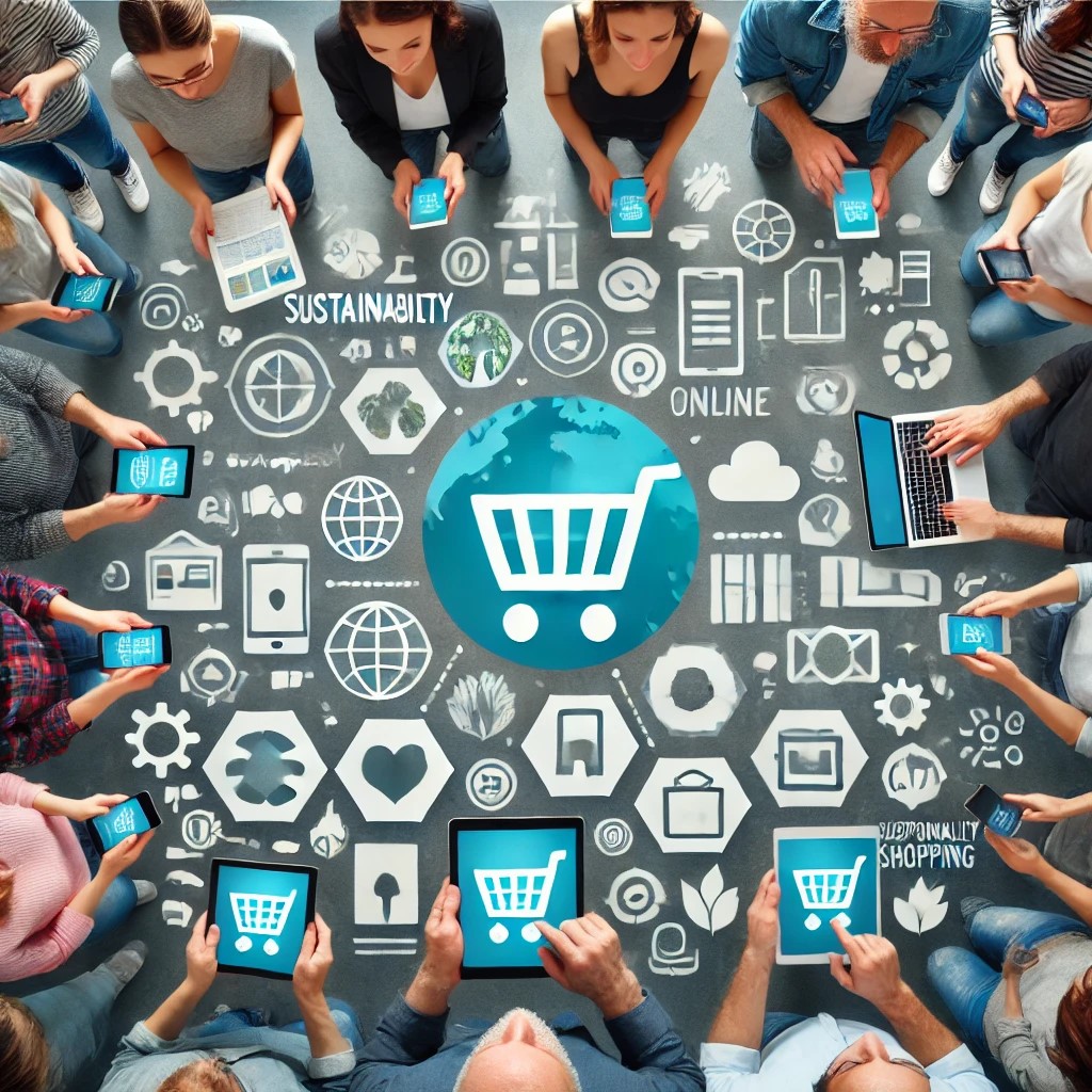 DALL·E 2024-06-28 20.05.45 - An image showing a diverse group of consumers using various digital devices like smartphones and tablets for online shopping, with icons representing 