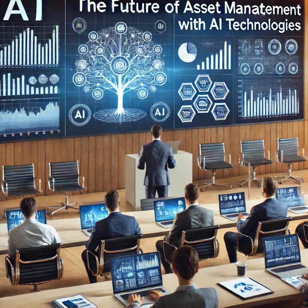 DALL·E 2024-06-28 20.13.11 - An image showing a financial seminar where experts discuss the future of asset management with AI technologies, with presentation slides displaying da