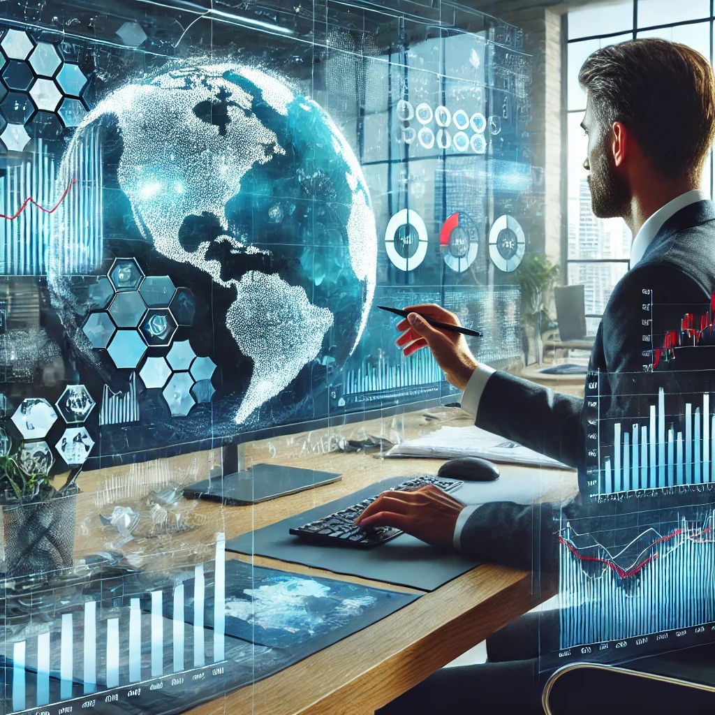 DALL·E 2024-06-28 19.36.29 - An image showing a financial analyst in a modern office analyzing the impact of political changes on emerging markets, with charts and graphs displaye