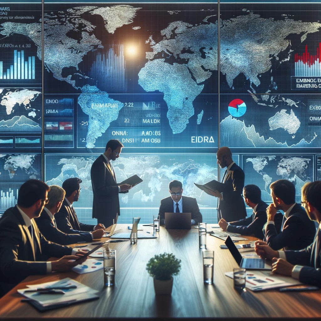 DALL·E 2024-06-28 19.36.30 - An image showing financial analysts discussing political changes in emerging markets during a meeting, with digital screens displaying data and maps o