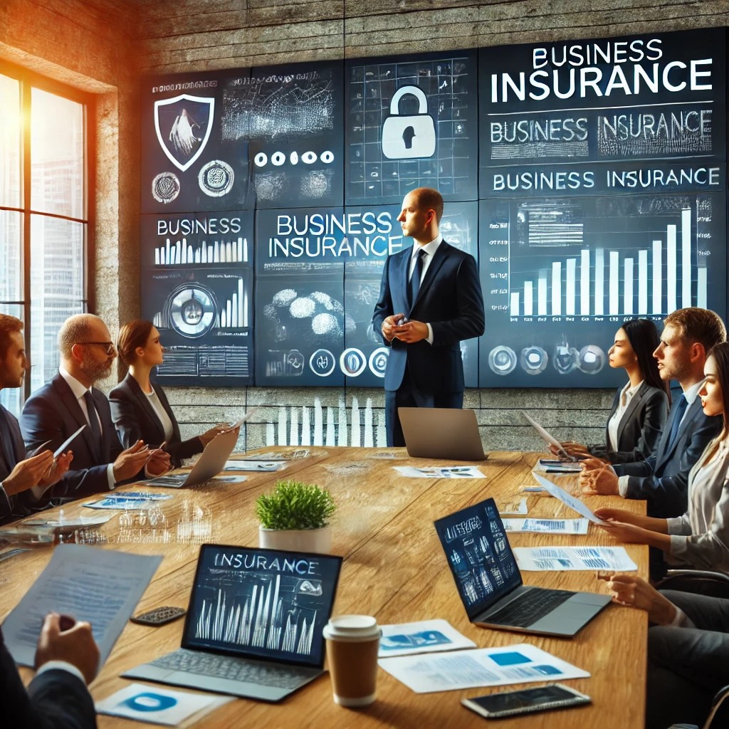 DALL·E 2024-06-28 19.54.51 - An image showing a corporate meeting with financial analysts discussing business insurance strategies, with digital screens displaying charts and grap