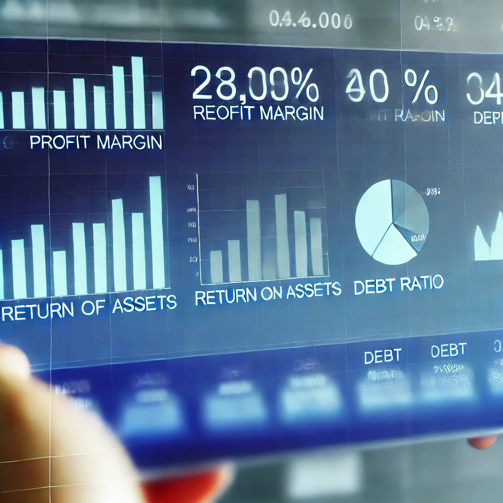 DALL·E 2024-07-30 17.39.15 - A digital interface showing a financial dashboard with key metrics such as profit margin, return on assets, and debt ratio. The screen displays graphs