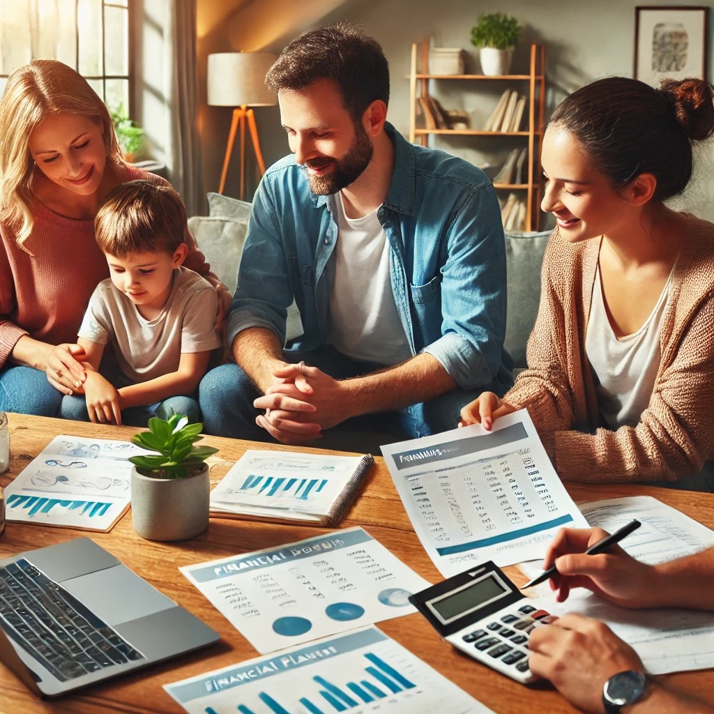 DALL·E 2024-07-30 17.04.41 - A family discussing their financial goals and savings strategies at home. The setting includes a table with financial documents, a laptop showing fina